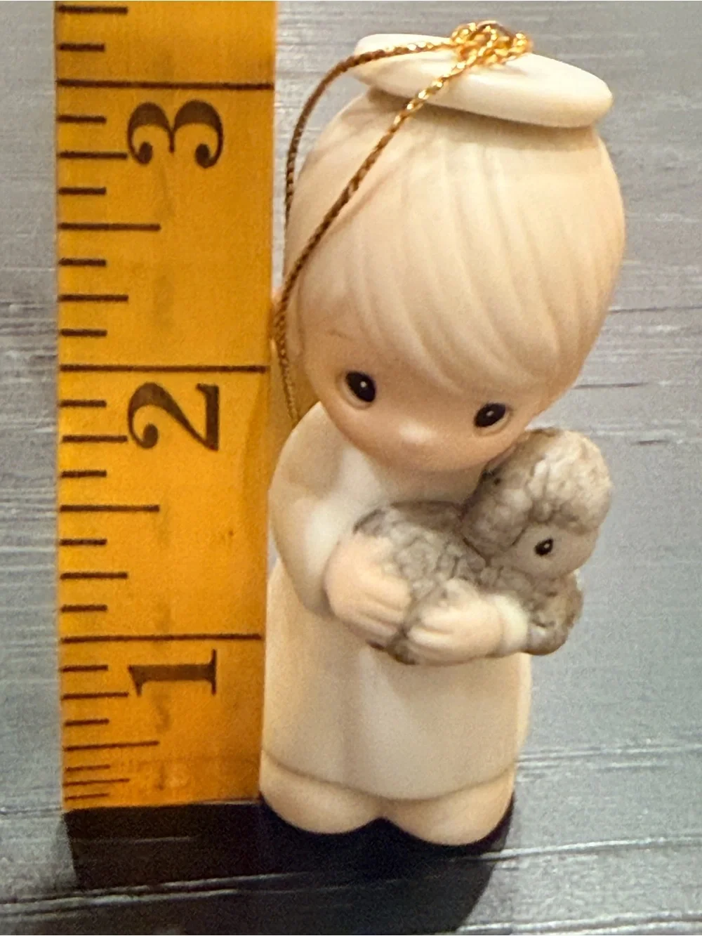 Vintage Precious Moments Angel Ornament in Cream and Gray with Gold Cord (1986)